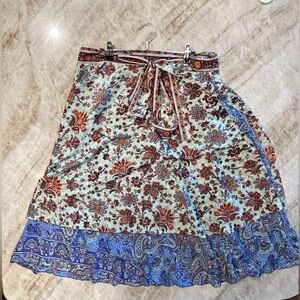 Iris Impressions Wrap Skirt 🌸 Mint Green, Periwinkle & Red Boho Silk‑Blend Sz M